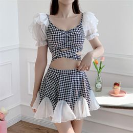 Women's Swimwear 2023 Korean Two Piece Swimsuit Houndstooth Sexy Women High Waist Swim Bath Suit Woman Monokini Swimming Swimskirt