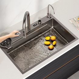 304 Stainless Steel Nano Kitchen Waterfall Sink Large Single Slot Hand Washing Vegetable Basin Under The Sink Dishwashing Sink