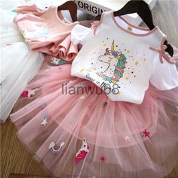 Clothing Sets 2022 Summer Cute Cartoon Unicorn Print Shortsleeved Tshirt Fluffy Tulle Skirt 2Pcs Sets Baby Girls Clothes Outfits x0803
