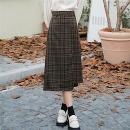 Skirts M-4XL Japanese Style Vintage Plaid Slit Half For Woman Clothing Autumn And Winter High-Waist Slim A-Line Long Skirt
