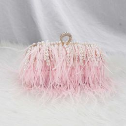 Evening Bags New Fashion Light Luxury Ostrich Hair Bag Celebrity Dinner Pearl Ring Chain 230804