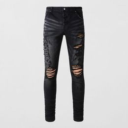 Men's Jeans Street Fashion Men Retro Black Grey Stretch Skinny Ripped Embroidery Patch Designer Hip Hop Brand Pants Hombre