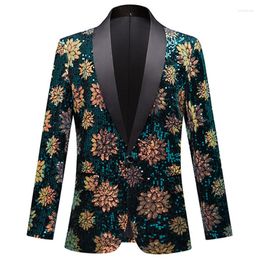 Men's Suits Men Luxury Floal Sequin Tuxedo Suit Jacket Shawl Collar One Button Dress Blazers Male Wedding Party Prom Dinner Costume Homme