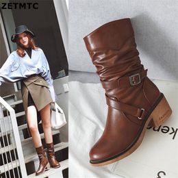 Boots 2023 Women Winter Mid-Calf High Heels Round Thick With Women's Sexy Toe Ladies Pumps Size 33-43