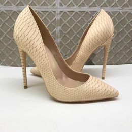 Dress Shoes The Sexy Fashion Apricot Color Snake Skin High Heels Shallow Mouth Tip Fine Heel Women's Communication 10cm Large Size