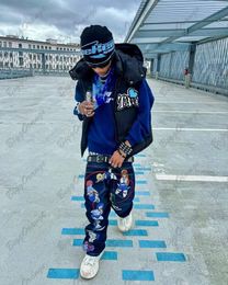 Mens Jeans Anime Pants Trend Y2k Street Clothing Blue Printed Loose Relaxed Hip Hop Handsome Student 230803
