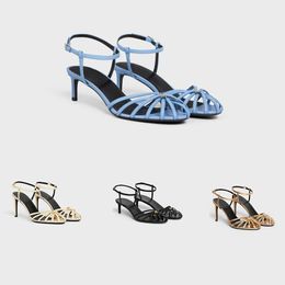 TRIOMPHE SANDAL IN CALFSKIN Blue Top quality women High-heeled shoes Spring and summer narrow line sandal luxury Lace-up shoes 4.5-6.0cm