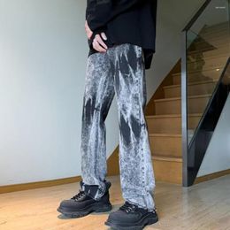 Men's Jeans Men Tie-dye Gradient Contrast Colour Button Zipper Closure High Street Hip Hop Straight Full Length Trousers Long Pants