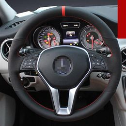 For Benz GLA200 DIY Hand Sewing Steering Wheel Cover Black leather Red thread324L