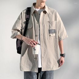 Men's Casual Shirts Short Sleeved Shirt Summer Ice Silk Men Clothing Trend Work Jacket Inch Turn-down Collar Full