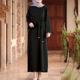 Casual Dresses Fashion Elegant Muslim Turkey Black Islamic Clothes Women Lace-up Solid Colour Flare Sleeve Saudi Robe Ramadan Robes