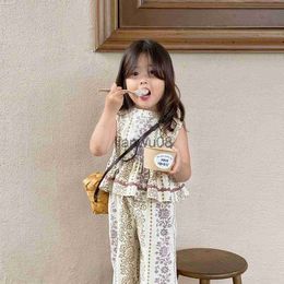 Clothing Sets Girls Sets 2023 Summer Tops Sleeveless Oneck Collar Pullover Casual Pants Elastic Waist Loose Print Oldfashioned Children x0803