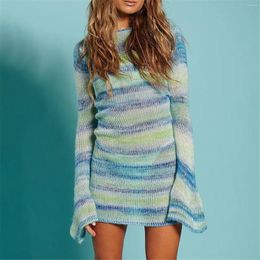 Casual Dresses Women's Sexy Backless Flared Sleeve Striped Sweater Long Sleeved Dress