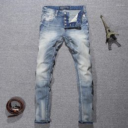 Men's Jeans Italian Style Fashion Men Retro Light Blue Elastic Slim Fit Ripped Buttons Trousers Vintage Designer Denim Pants