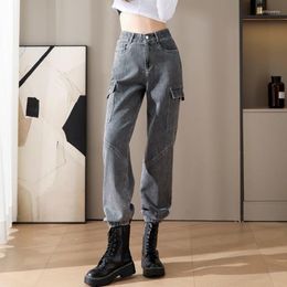 Women's Jeans Lucyever Women Grey Denim Cargo Pants Fashion Streetwear High Wiast Straight Harem Female Autumn Winter Big Pockets