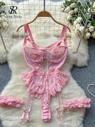 Sexy Skirt SINGREINY Shapewear Lace Lingerie Bodysuit Hollow Out Transparent Slim Sensual Rompers sweet Erotic Sheer Playsuits 230803