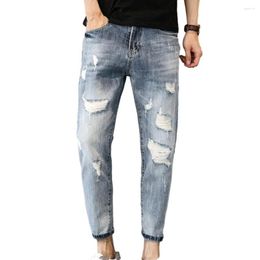 Men's Jeans Men Ribbed Holes Slim Multi Pockets Thin Ankle Length Firm Stitching Long Pants