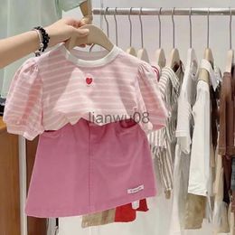 Clothing Sets Kids Girls Striped TshirtSkirts 2Pcs 2023 Summer Sweet Love Heart Short Sleeve Shirt Tops Skirt Children Clothes Sets 18Y x0803