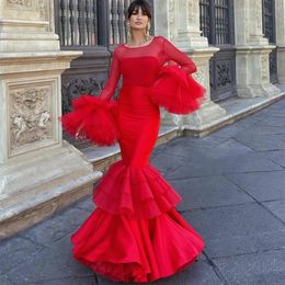 Flare Sleeve Mermaid Evening Dresses Scoop Neck Ruffes Tiered Bottom Formal Gown Layered Train Dance Dress