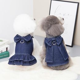 Dog Apparel Spring Summer Pet Clothes Large Bow Tie Denim Skirt Can Be Hung With Traction Rope Pomeranian Small Supplies