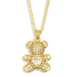 Love Heart Teddy Bear Necklaces 18K Gold Plated Iced Out CZ Pendant Fashion Party Jewelry Gift Women Cubic Zirconia Rhinestone Ani6226786