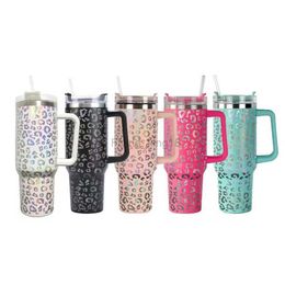 40oz Stainless Steel Leopard Insulation Cup Portable Car Water Bottle with Lid Straw Handdle Laser Engraved Forwater Mug Cups HKD230803
