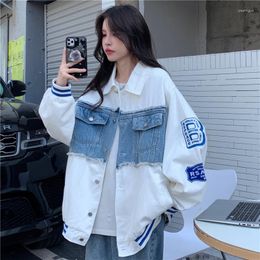 Women's Jackets Denim Jacket Women Korea Streetwear Contrasting Colors Loose Letter Print Vintage Jean Coat 2023 Autumn Harajuku Baseball