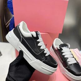 Miui Heightened Casual White Shoes Thick-soled Women's Black White Leather Luxury Designer Lace-up Flat-bottom All-match College Style