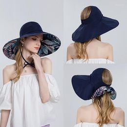 Wide Brim Hats Leaf Pattern Sunshade Hat Women's Summer Half Empty Top Foldable Fisherman Big Sunscreen Outdoor Travel Beach Caps