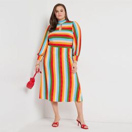 Casual Dresses 2023 Recommend Style Striped Contrast Colour Long Sleeve Aline Knee Length Women Work Office Lady Robe