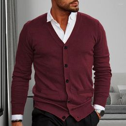 Men's Sweaters Men Cardigan Sweater V Neck Single-breasted Slim Fit Knitted Coat Elastic Soft Long Sleeve Casual Warm