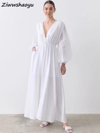 Casual Dresses High Quality Summer Women Fashion Runway Designer Lantern Sleeve Waist Single Breasted White Printed Big Swing Linen Dress