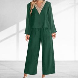 Women's Two Piece Pants V-neck Cotton Linen Set Loose Casual Long Sleeved Suit With Pockets Solid Sets Womens Outifits 2023