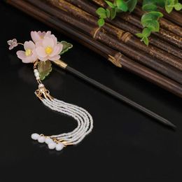 Hair Clips Floral Tassel Hairpin Sticks For Women Pearl Fringe Wooden Bun Chopsticks Fairy Chinese Hanfu Accessories Jewellery