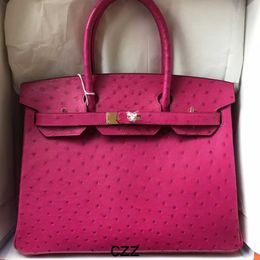 Platinum Handbag Women Ostrich Tote Fully Handmade Hand Sewn Wax Thread E5 Peach Red Bag 25 30 35cm Genuine Leather