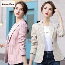 Women's Jackets VmewSher Elegant Autumn Women Casual Plaid Blazer Slim Single Button Long Sleeve Lady Chic Pink Short Jacket Cute Outwear 230803