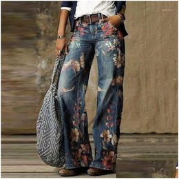 Women'S Pants Capris Women Denim Casual Plus Size Loose Autumn Winter Elegant Floral Print Vintage Ladies Wide Leg Trousers 3Xl Dr Dhboj