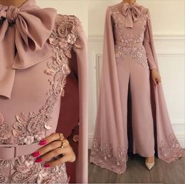 Elegant Muslim Evening Dress Blush Pink Lace Appliques Beaded Evening Pants Dubai Arabic Long Sleeves Formal Evening Gown