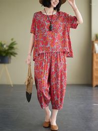 Women's Tracksuits NYFS 2023 Summer Vintage Womans Set Loose Plus Size Short Sleeve Cotton Linen Print Tops Shorts 2 Piece Women Suit