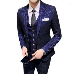 Men's Suits 7XL Blue Striped Suit 3 Piece Wedding Party Dress Coat Trousers Vest Stylish Slim Men Blazer Set