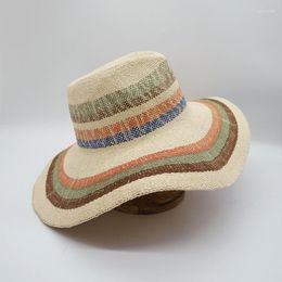 Wide Brim Hats Colorful Striped Beige Large Holiday Jazz Top Hat For Women Summer Sun Shading And Protection Beach Straw