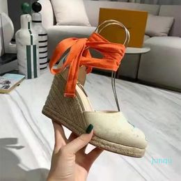 Classic fashion high heels designer slides women's High Heels Sandals leather hemp rope woven slope heel platform comfortable sexy womens Sandals 35-41