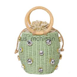 Evening Bags 2020 Summer Round Rattan Handmad diamond Pearl Bag Bohemian Leisure Straw Bag Bucket Knitting Shoulder Crossbody Beads Beach Bag J230804
