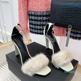 Designer -10cm women sandals slim high heeled formal shoes fashion sandal mink fur leather soles high heels shoes women's
