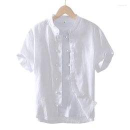 Men's Casual Shirts Summer Fashion Brand Chinoiserie Tang Style Pure Linen Shirt Short Sleeve Disc Button Vintage Top