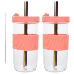 Dinnerware Sets 2 Pcs Glass Tumbler Lid Straw Juice Bottles Straws Leakproof Drinking Cup Coffee Cups Reusable Silica Gel Kitchen