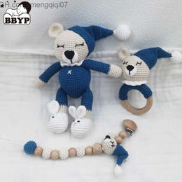 Pacifier Holders Clips# 1 set of DIY crochet bear baby teeth newborn rabbit mouse toy wooden plush tooth ring pacifier clip chain set baby supplies Z230804