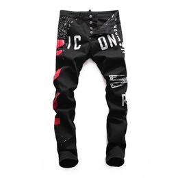 Men's Jeans Pure black print with street trendy men, high street culture, American Personalised elastic denim