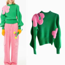 Women's Sweaters Runway Knitted Sweaters Women Pullovers Sweaters Ruffles Sleeve Hollow Out Big Flowers Knitwear Mujer Green Pink Sweaters NS584 230803