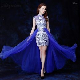Ethnic Clothing Blue White Satin Cheongsam Chinese Evening Dresses Long Vintage Gown Oriental Style Fashion Dress Qipao Women Robe Rouge